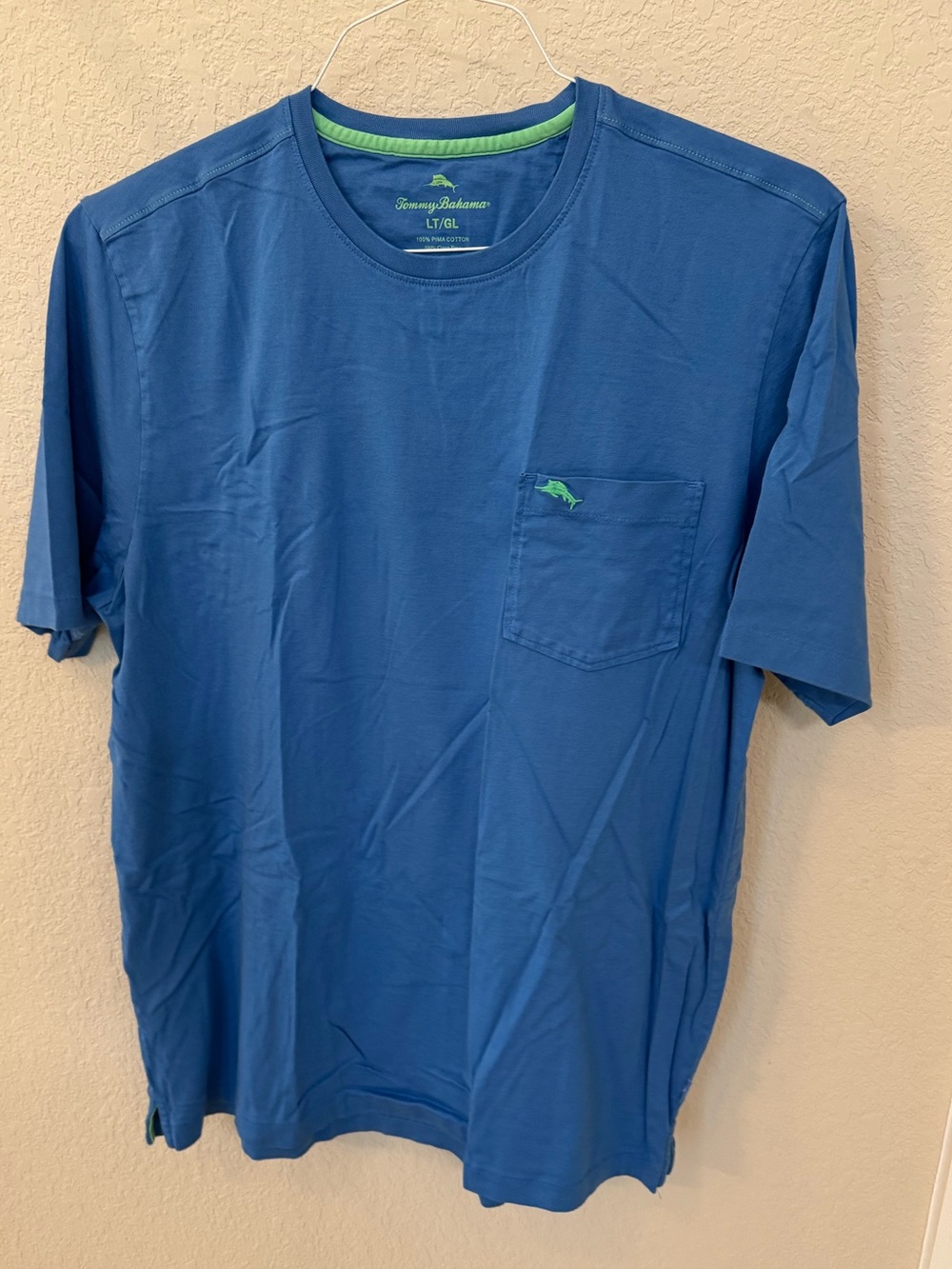 Tommy Bahama Blue Short-Sleeve Pocket Tee with Green Trim & logo. Size LT